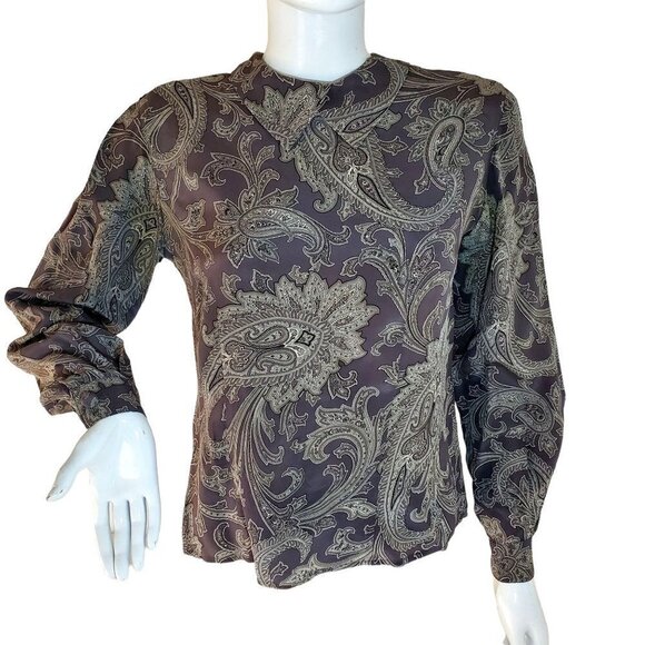 1980s Gray Silk Blouse Jones NY Petite Top Paisley Cover Button Collared Women 6 - Picture 1 of 10